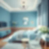 A serene bedroom with soft blue tones showcasing tranquility