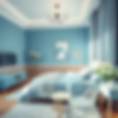 A serene bedroom with soft blue tones showcasing tranquility