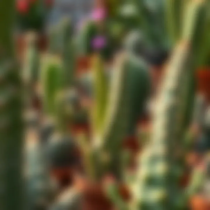 Outdoor Garden with Leaf Cacti Arrangement An outdoor garden scene filled with different leaf cacti, illustrating their growth and arrangement.