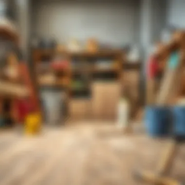 An organized workspace with flooring materials and tools ready for action