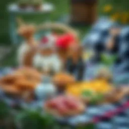 A stylish picnic setup with a checkered blanket and gourmet snacks