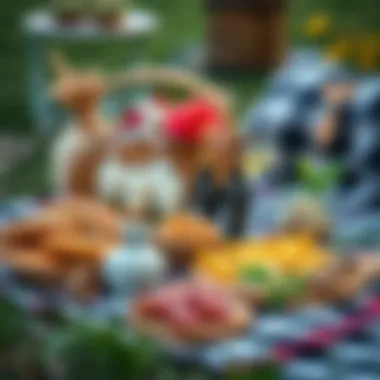 A stylish picnic setup with a checkered blanket and gourmet snacks