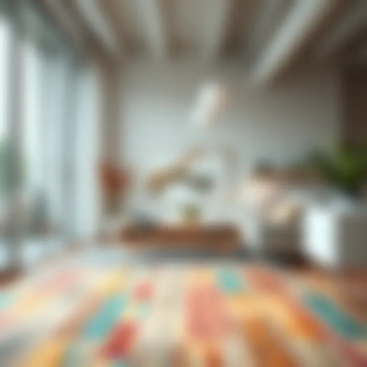 Installation overview of colorful laminate flooring in a modern space