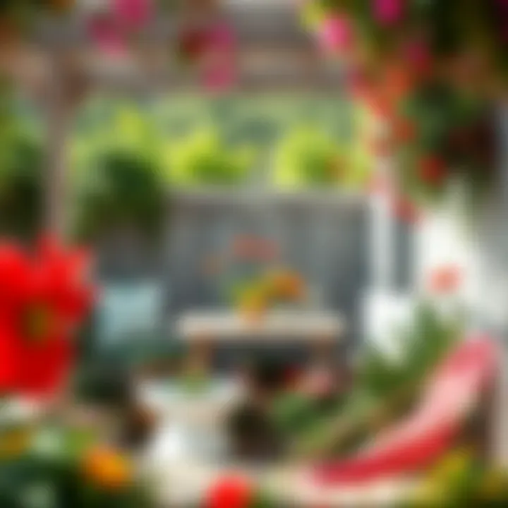 A serene outdoor space featuring summer plants and flowers