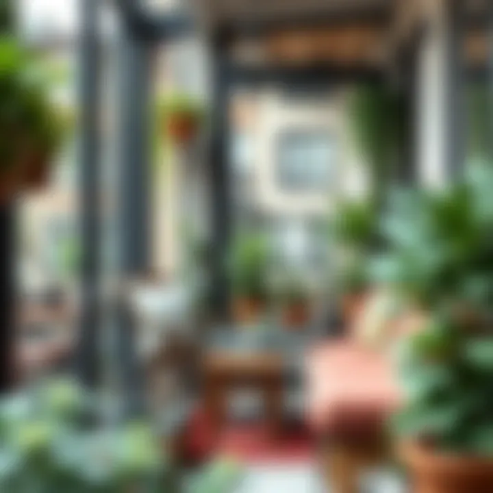 Cozy small glass balcony with plants and seating