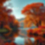 A picturesque autumn landscape showcasing vibrant foliage and a serene lake.