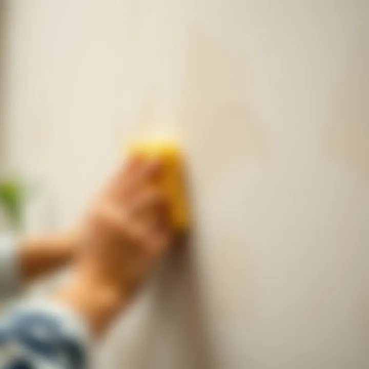 Person using sponge on wallpaper to remove stains