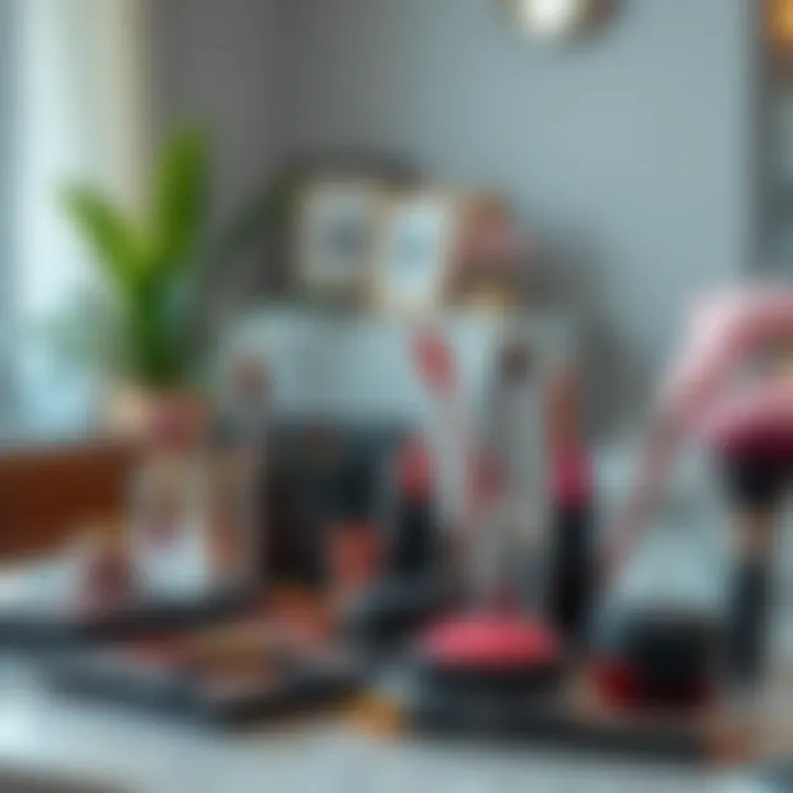 Aesthetic Makeup Essentials Arrangement Aesthetic arrangement of makeup essentials on a stylish table