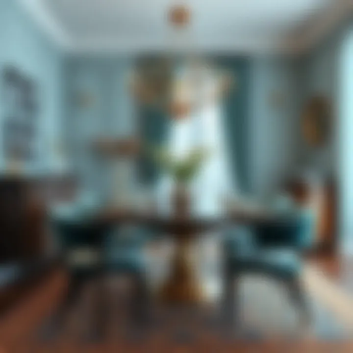 Dining Elegance with Teal and Neutrals A beautifully arranged dining space with teal and neutral tones