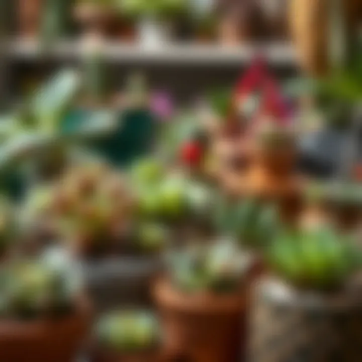 An artistic display of succulents in decorative pots