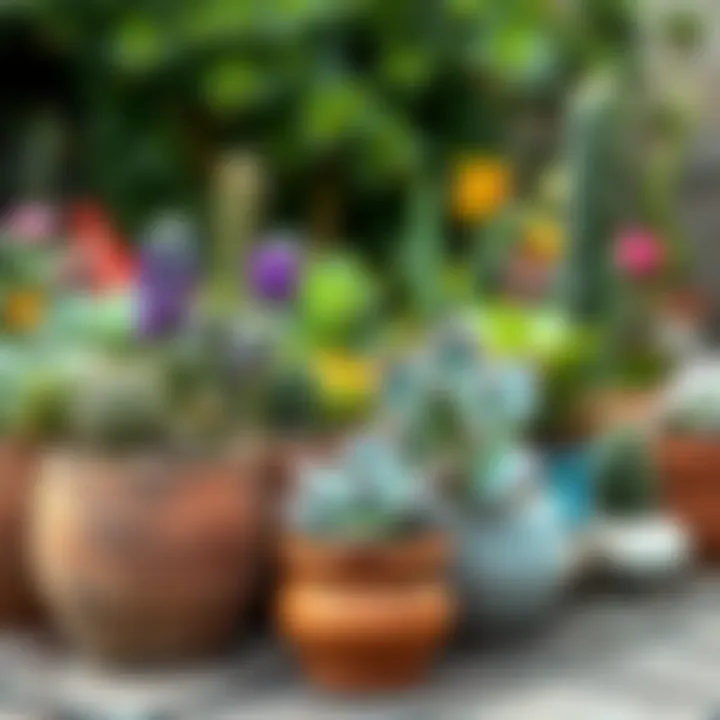 Succulents growing in various pot sizes and shapes outdoors