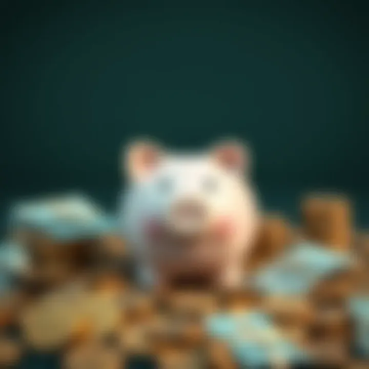Symbol of Saving A concept illustration of a piggy bank surrounded by coins and bills.