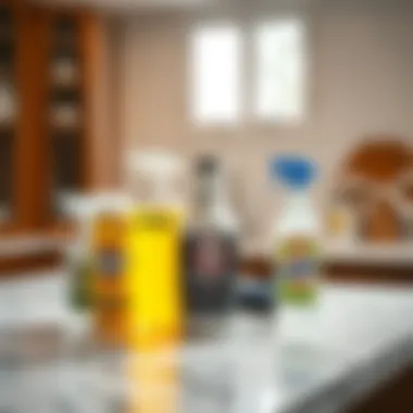 Care and maintenance tips for marble countertops illustrated with cleaning products