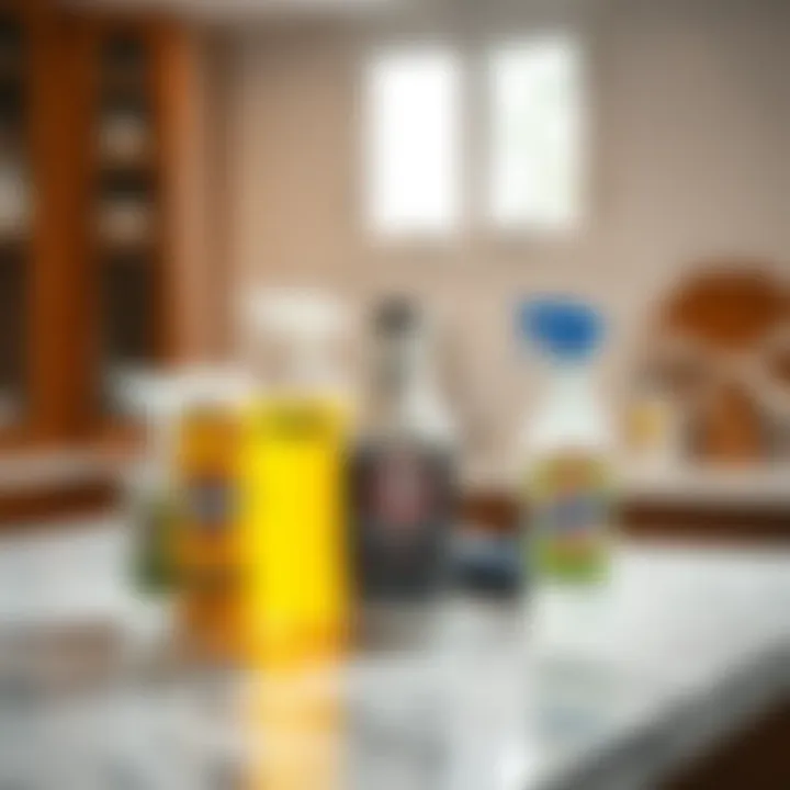 Care and maintenance tips for marble countertops illustrated with cleaning products