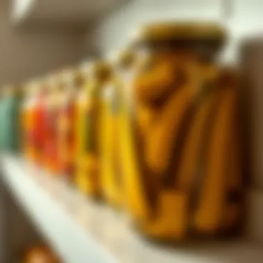 Homemade Pickles Ready for Enjoyment Jars filled with homemade pickles lined up on a shelf