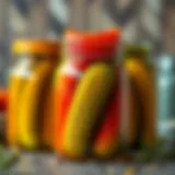 A close-up of a jar filled with pickles showcasing their vibrant colors.