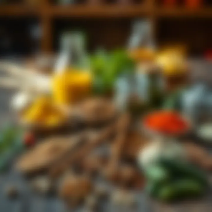 Selection of Spices for Enhancing Pickles A table set with various spices and additives used for enhancing pickles.