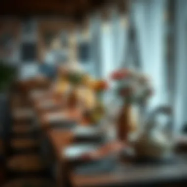 Artistic arrangement of tableware on a long dining table