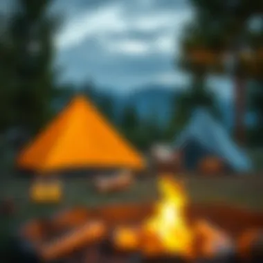 A well-arranged campsite with tents and nature in the backdrop