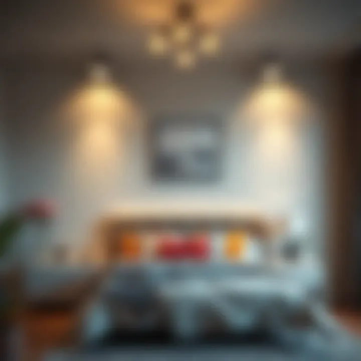 Creative arrangement of spot lights highlighting bedroom decor