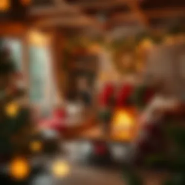 A cozy living room setting featuring festive decorations and warm lighting