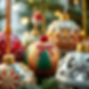 Close-up of handcrafted holiday ornaments showcasing intricate designs