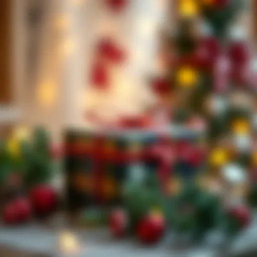 A beautifully wrapped gift box with festive decorations