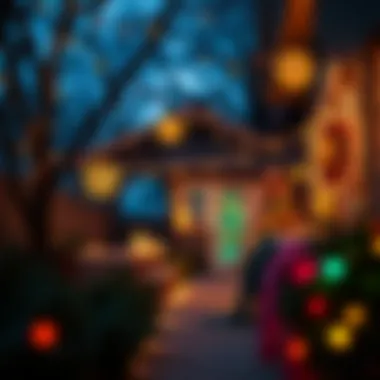 A cozy outdoor setting illuminated by colorful holiday lights