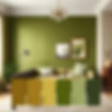 Color palette with olive green and complementary shades for interior design